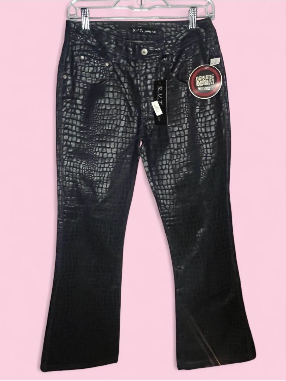 RVT Black Croc-Embossed Flare Jeans